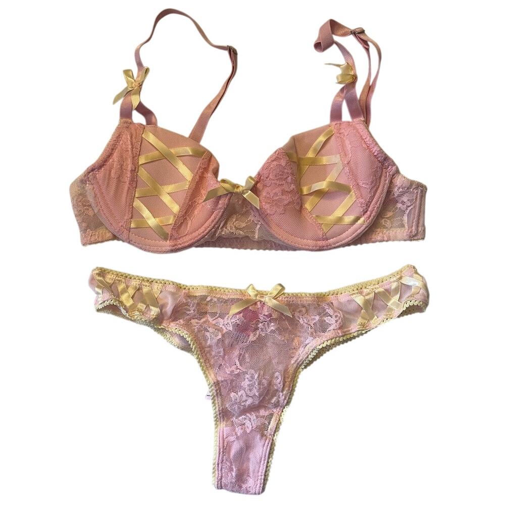 Dolls kill Sugar Thrillz Pink Lace Yellow Ribbon Lingerie Set Bra/Pany Size: XXS